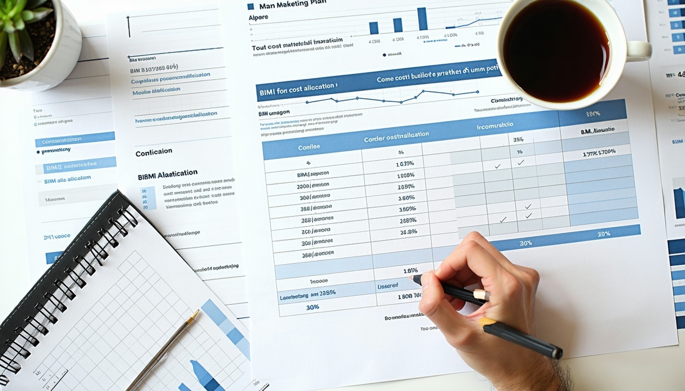 Uz galda ir mārketinga plāns ar BIMI izmaksu sadalījumu-1