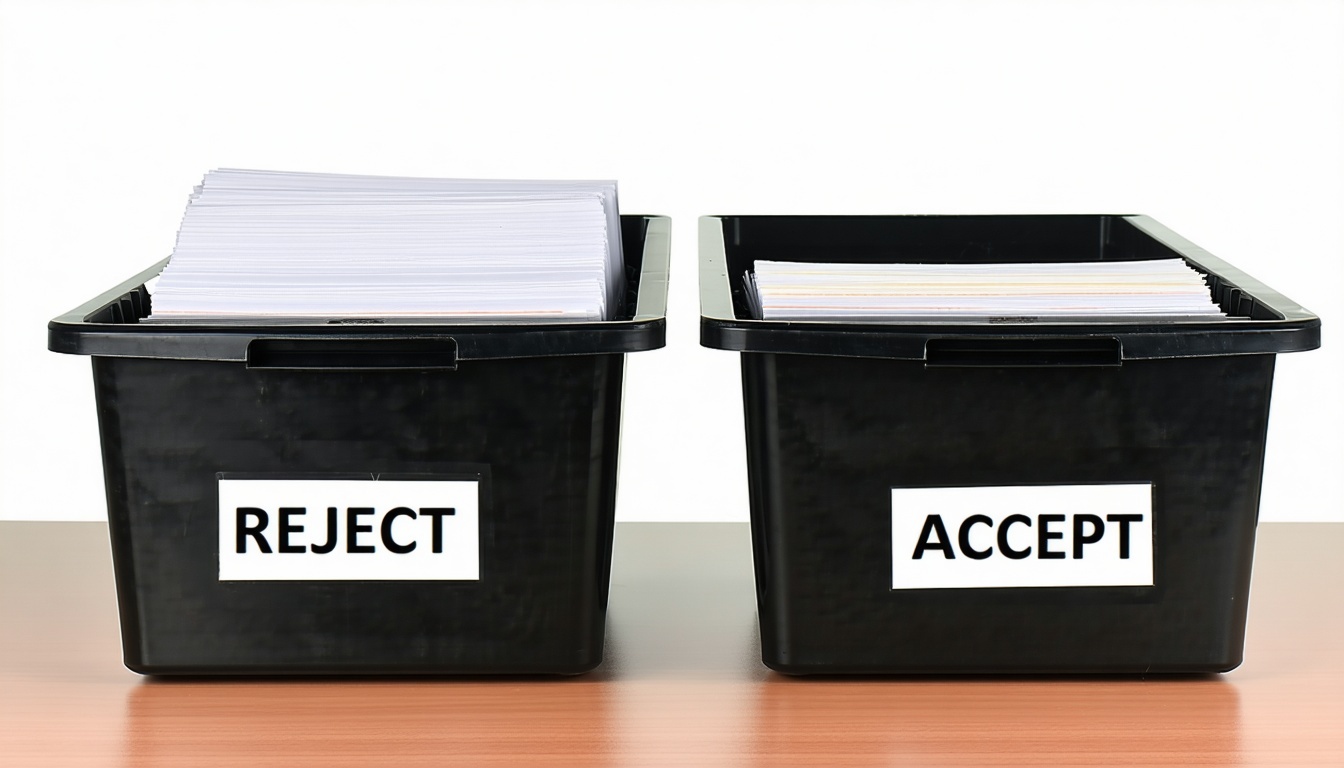 Uz galda novietotas dokumentu paplātes Viena no tām ir apzīmēta kā REJECT, bet otra kā ACCEPT-1.