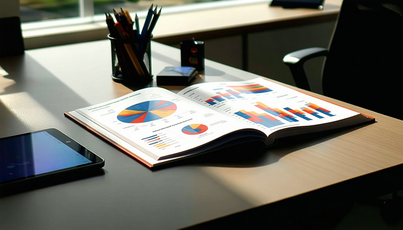 Gluds mūsdienīgs biroja rakstāmgalds ar gludu pulētu virsmu, ko izgaismo dabiskā gaisma, kas plūst pa tuvumā esošo logu Uz rakstāmgalda atrodas iesiets mārketinga ziņojums, uz kura profesionālā vāka ir spilgts dizains un drosmīgs drukas drukas burts-2.