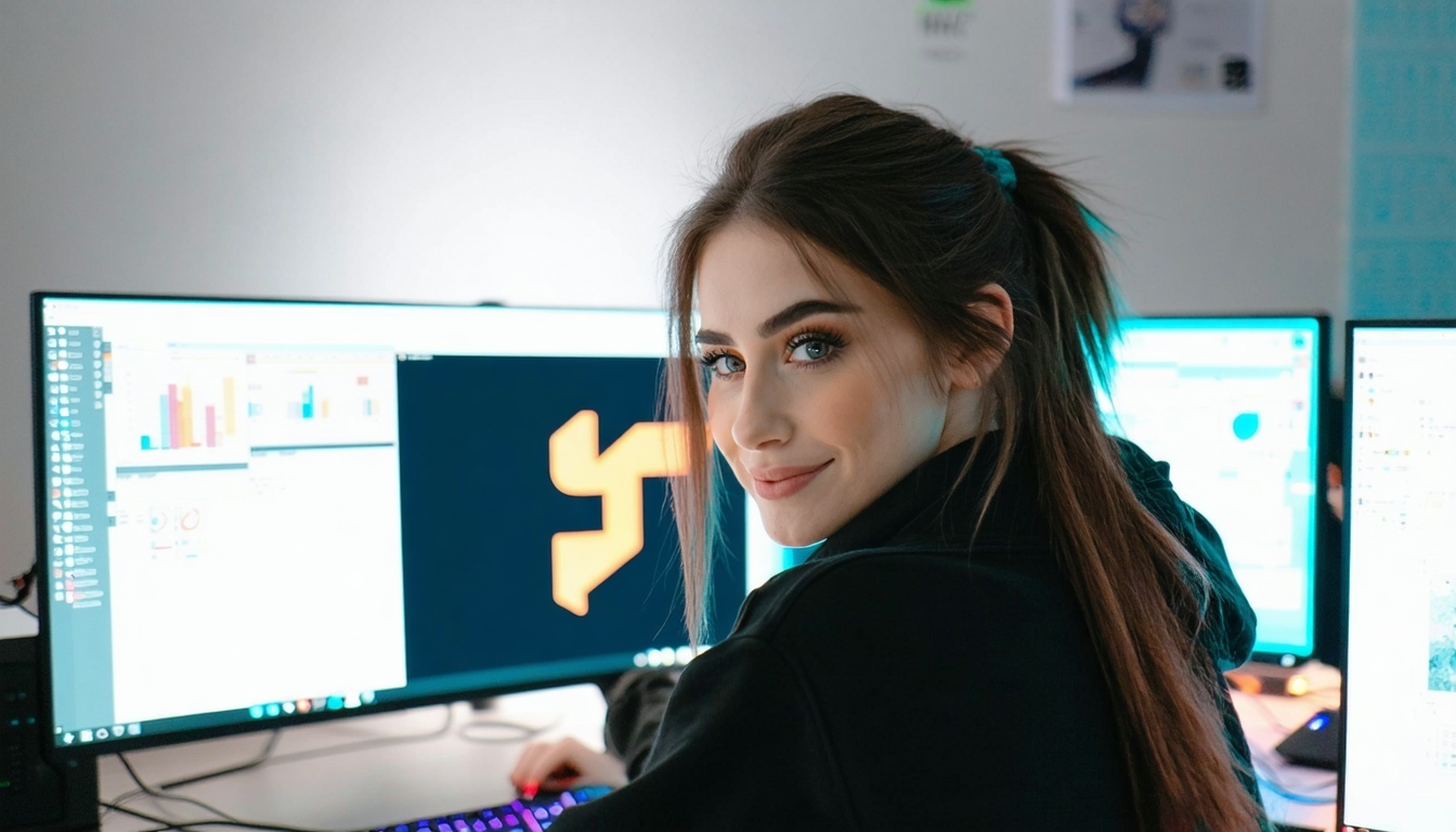 Jauna sieviete pie datora, skatoties uz pabeigtu BIMI atbilstības logotipu-Jul-30-2025-05-57-27-4116-PM