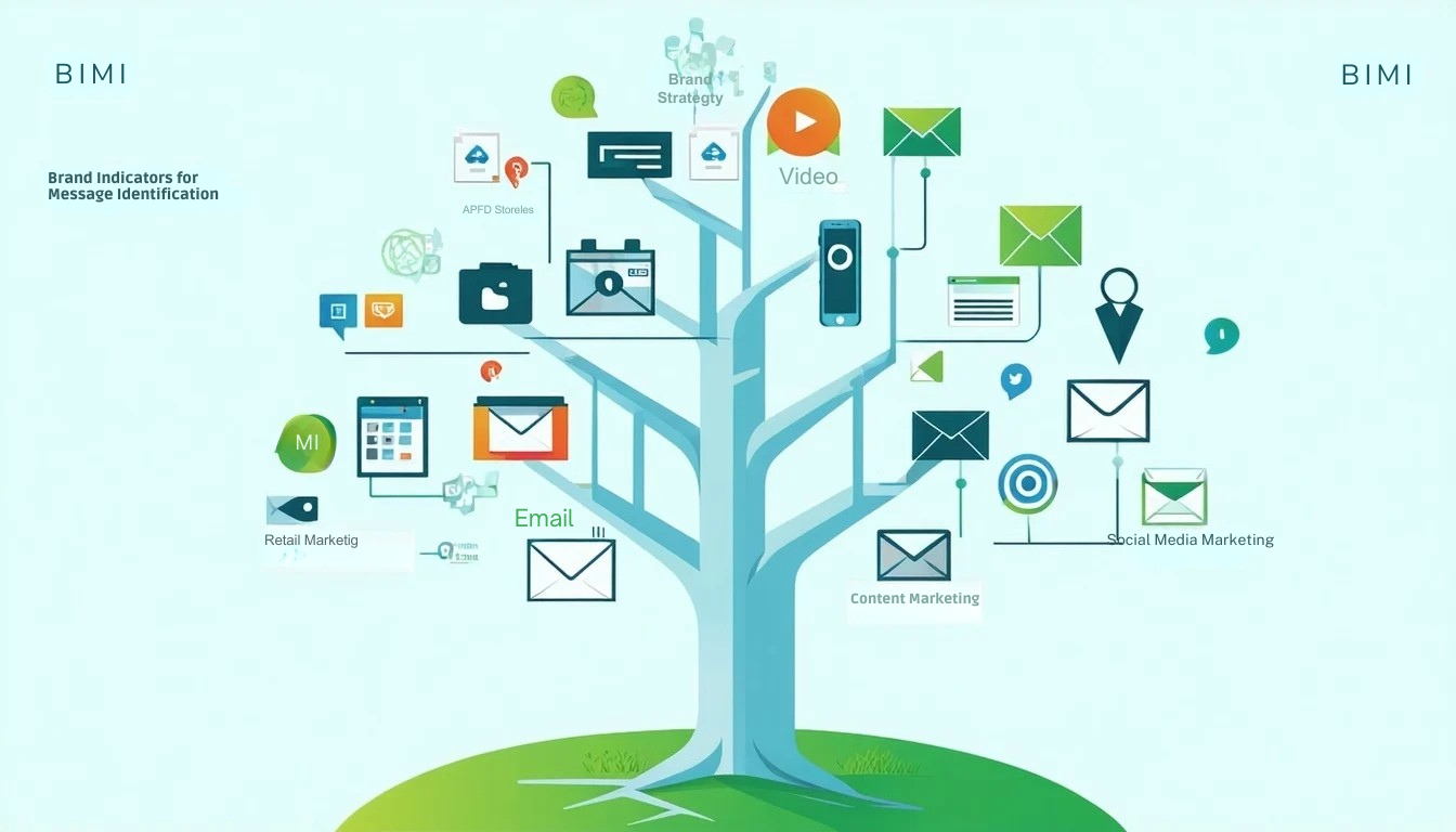 BIMI jeb zīmola indikatori ziņojuma identificēšanai kalpo kā mārketinga stratēģijas koka stumbrs, kas nodrošina stabilu ietvaru zīmola atpazīstamībai un uzticībai digitālajā komunikācijā No šī centrālā pīlāra izriet dažādas mārketinga taktikas.